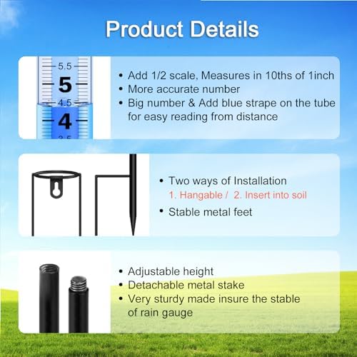Rain Gauge Upgraded, 7" Freeze Proof Thickened Rain Gauge Outdoor Best Rated, Large Clear Numbers and Adjustable Height Rain Measuring Tool for Garden, Yard, Lawn, Patio, and Farm Use
