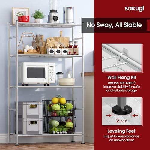 Sakugi Storage Shelves - 4 Tier Shelf Organizer, Heavy Duty Garage Shelving Unit with Leveling Feet, Stable Metal Shelves Organizer for Pantry, Kitchen and Closet, 33.0" W x 12.6" D x 57.2" H, Silver
