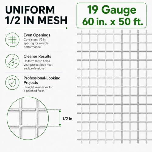 GoldPeak Galvanized Hardware Cloth 60‘’ x 50‘ with 1/2 inch Mesh 19 Gauge