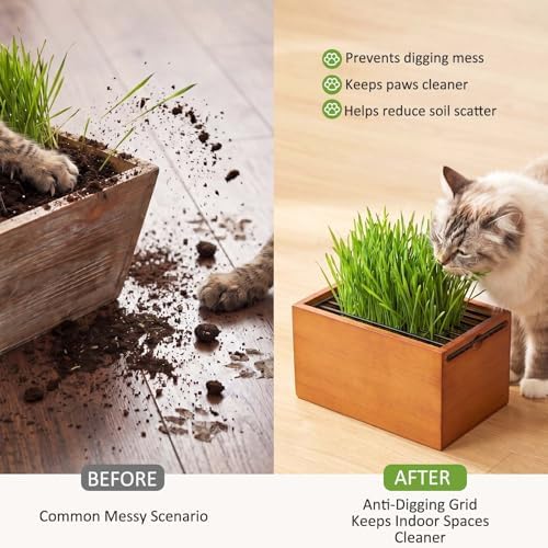 Wooden Cat Grass Planter for Indoor Cats, Wheat Grass Pot Kit with Soil Disks, Removable Anti-Digging Grid, Plastic Liner, No Seeds Included, Natural Wood, 6.7 x 4.7 x 4.3 in