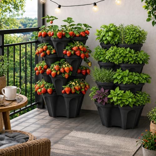 Vertical Garden Planter 4 Tier Stackable System 16 Plants, Space Saving Herb, Strawberry & Food Crop Planter with Center Support Hole for Indoor Outdoor Gardening (4, Midnight Black, Small)