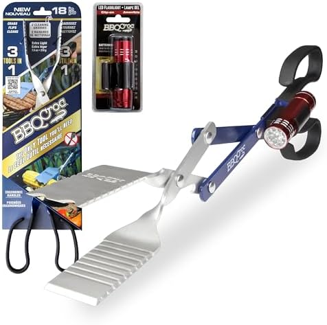 BBQ Croc 3 in 1 Barbecue Tool 18-inch - Extra Light and Long Tongs, Spatula and Grill Scraper (Blue) (18 inch with Flashlight)