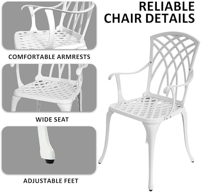 3 Piece Patio Bistro Set, Outdoor Cast Aluminum Bistro Table and Chairs Set of 2 with Umbrella Hole, All Weather Resistance Metal Bistro Table for Front Porch Set,White
