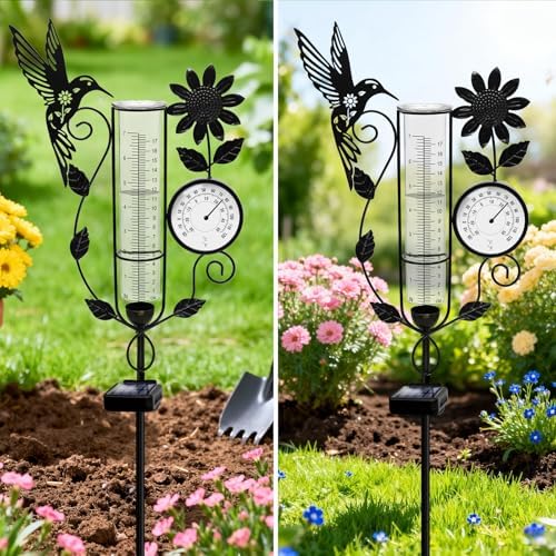 Metal Hummingbird Solar Rain Gauge Outdoor with LED Light and Thermometer