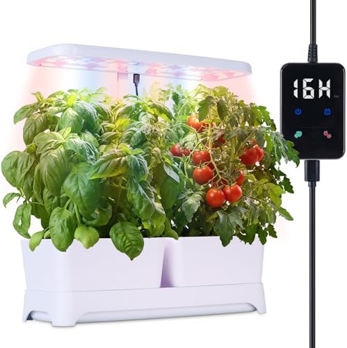 Indoor Herb Garden with Grow Light & Pots, Full Spectrum LED Planter for Kitchen Herbs & Houseplants, Height Adjustable Indoor Growing System for Home & Apartment Decor (White, 16 * 6.3 * 7.1 inch)