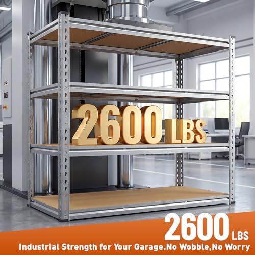 Garage Shelving Load 2600LBS, 4-Tier Storage Shelves, Adjustable Garage Shelves, Shelving Units and Storage, Metal Shelf for Kitchen, Pantry, Warehouse, 48" W x 60 "H x 24.1" D, Galvanized