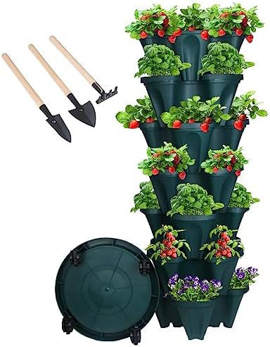 GameXcel Vertical Planter Tower - 7 Tier Stackable Garden Planters with Wheels and Tools Plant Pots for Strawberry Herb Flower and Vegetable Indoor Outdoor Use Green