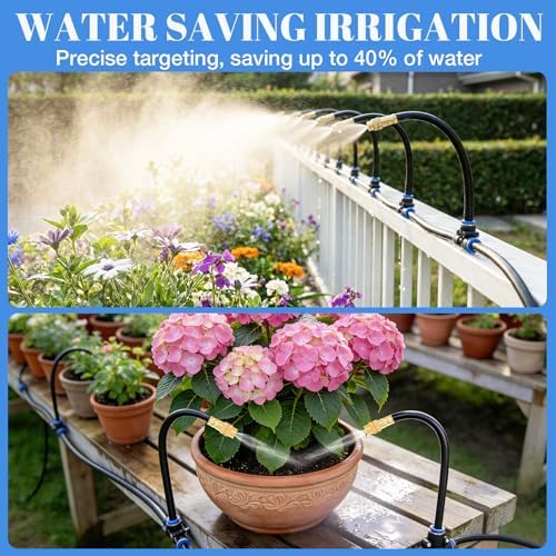 60FT Drip Irrigation Kit, 6mm Hose with Dual Outlet Splitter with Independent Valves & 15 360° Adjustable Brass Nozzles & 18 Snap-On Tees, DIY Automatic Watering for Greenhouse, Raised Beds, Garden