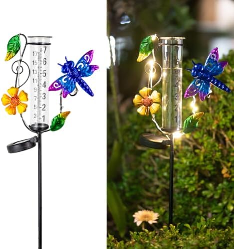 Solar Rain Gauge Outdoor, Dragonfly Rain Gauges for Yard