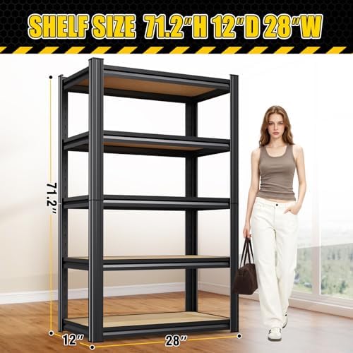 2 Pack Garage Shelving Heavy Duty Storage Shelves, Metal Adjustable Shelving Unit, Utility Garage Organizer Shelf for Basement, Pantry, Kitchen, Warehouse, 71.2" Hx28 Wx12 D, Black
