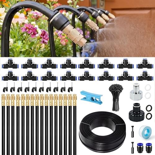 Lawn & Garden Watering Equipment,360° Adjustable Drip Irrigation System,50 ft Garden Plant Watering System with 15 Nozzles, 5/16 inches Hose Greenhouse Accessories for Yard, Lawn, Plants