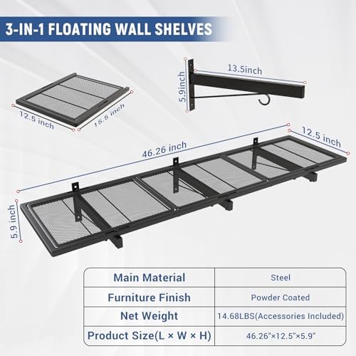 2 Pack Garage Wall Shelf, Heavy Duty Garage Shelving, 46"X 12.5" Wall Mounted Floating Shelves, Metal Hanging Storage Rack with 8 Hooks, Utility Organizer Max Load 320 LBS for Laundry Room, Workshop