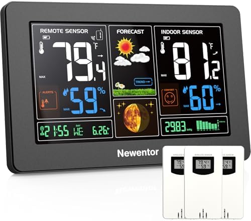 Newentor Weather Station Wireless Indoor Outdoor Thermometer, Black,3Sensor