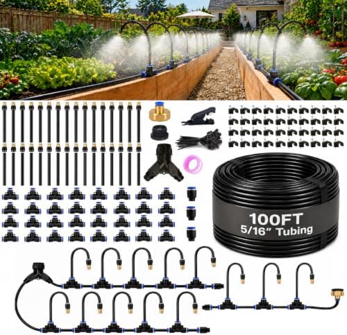 100FT 5/16" Garden Watering Kit with 32 Brass Nozzles & Y Splitter