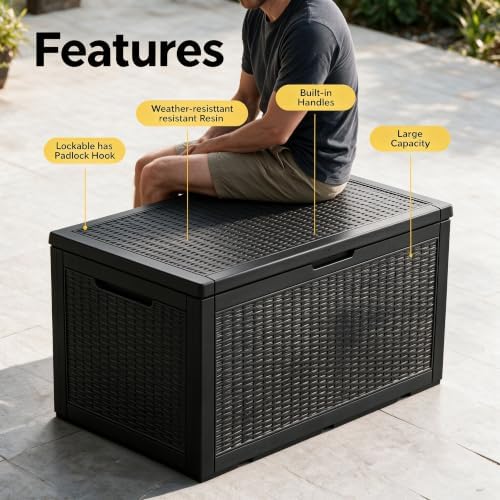 120 Gallon Deck Box,Lockable Outdoor Storage Box Gas Lift,Waterproof Black