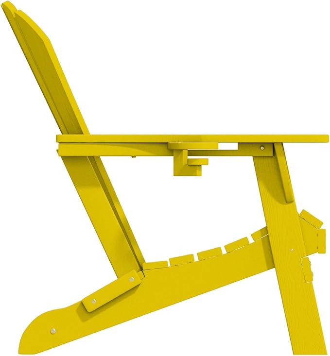 Folding Adirondack Chairs with Cup Holders, Set of 4 HDPE Plastic Outdoor Chairs, Weather Resistant, Real Wood Look, Heavy-Duty Patio Furniture for Deck, Fire Pit, Backyard, Yellow