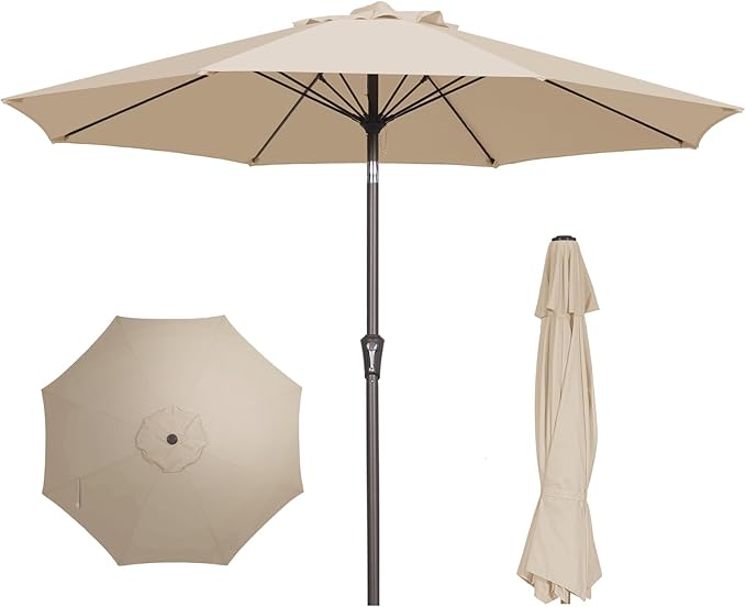 PatioKingdom 9FT Patio Outdoor Umbrella-UPF 50+ Sun Shade with Wind Vent, Push-Button Tilt & Smooth Crank Lift, Rust-Resistant Fiberglass Frame for Garden, Backyard,Yard (Beige, 9FT)