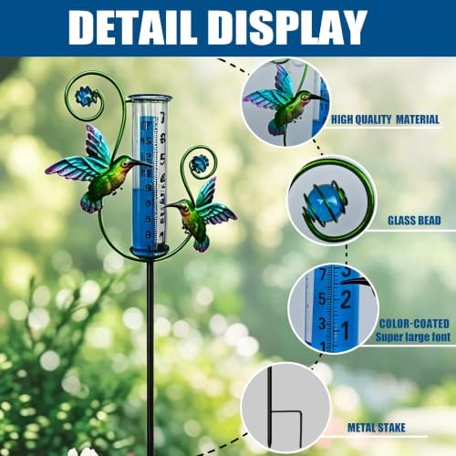 JOYBEE Hummingbird Rain Gauge Garden Decor, Accurate Rain Gauges Outdoors，Rain Gauge for Yard with Stake, Decorative Rain Measure Gauge for Garden, Deck, Lawn with Large Numbers.