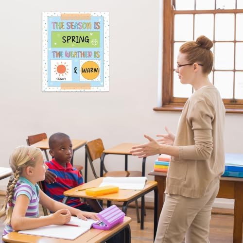 Pastel Watercolor Season and Weather Calendar Bulletin Board Season Calendar Posters with Weather Cards Hook and Loop Dots for Classroom Wall Decor Preschool Kindergarten Student Teacher Supplies