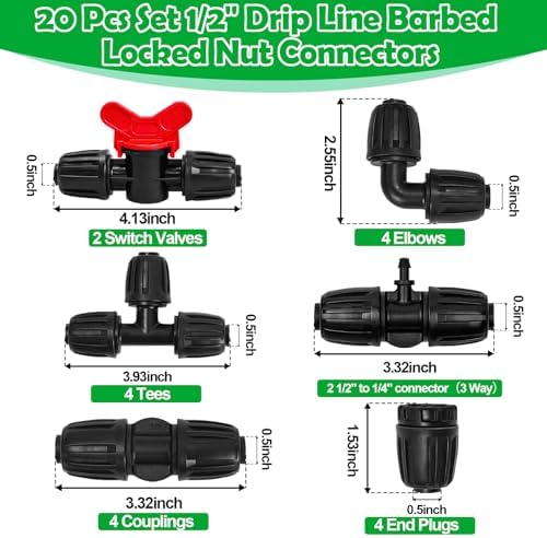 1/2 Inch Drip Tubing Irrigation Fittings Kit - 20 Pieces Set 1/2'' Drip Line Anti-Drop Barbed Lock Nut Connectors- 4 Couplings 4 Tees 4 Elbows 2 Valves 2 1/2'' to 1/4'' Reducers 4 Plugs