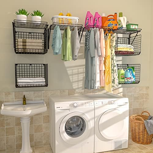3IngSeagulls 2 Pack Laundry Room Shelves, Wire Baskets with 8 Hooks, Over Washer and Dryer Shelf, Wall Mounted Storage and Clothes Drying Rack, Black