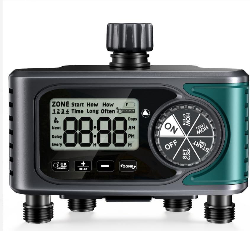 Sprinkler Timer for Outdoor Hose Faucet 4 Zone, Programmable Hose Timer with Rain Delay/Manual/Automatic Watering System, Water Timers for Garden Hose, Digital Drip Irrigation for Yard Lawn Outdoor