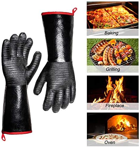 932°F Extreme Heat Resistant Gloves for Grill BBQ,Aillary Waterproof Long Sleeve Pit Grill Gloves for Fryer, Baking, Oven,Smoker,Fireproof, Oil Resistant Neoprene Coating（14-Inch ）