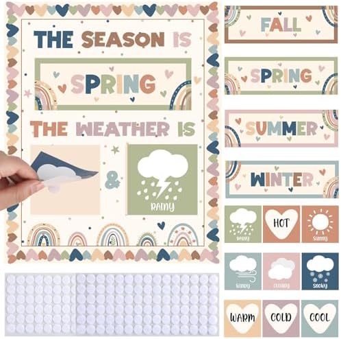 Boho Season and Weather Calendar Bulletin Board Season Calendar Posters with Weather Cards Hook and Loop Dots for Classroom Bulletin Board Wall Decor Preschool Kindergarten Student Teacher Supplies
