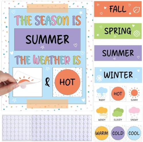 Pastel Watercolor Season and Weather Calendar Bulletin Board Season Calendar Posters with Weather Cards Hook and Loop Dots for Classroom Wall Decor Preschool Kindergarten Student Teacher Supplies