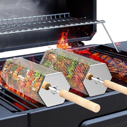 ivtivfu Rolling Grill Baskets, Removable Wooden Handle, Nesting BBQ Tools