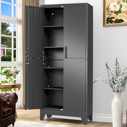 GAIOUS Tall Metal Storage Cabinet with Lock, 2 Doors Freestanding Steel Bookcase with Adjustable Shelves, Heavy Duty Lockable Office Filing Cabinet, Home Garage Utility Pantry Organizer Cabinet, Black