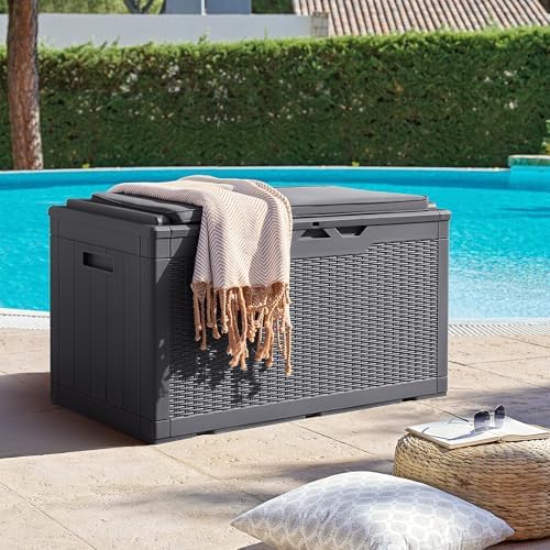 Flamaker Deck Box 98 Gallon Waterproof Resin Storage Box with Cushion