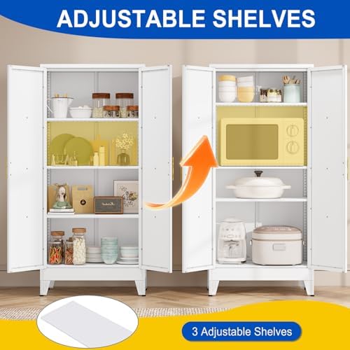 61" Metal Kitchen Pantry Storage Cabinet with 2 Doors and 3 Adjustable Shelves,White Farmhouse Pantry Cabinet,Steel Garage Tool Cabinet Freestanding Cupboard for Kitchen,Dinning Living Room