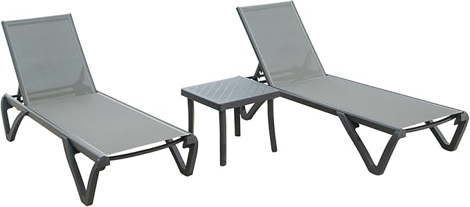 Domi Patio Chaise Lounge Chair Set of 3,Outdoor Aluminum Polypropylene Sunbathing Chair with 5 Adjustable Position,Side Table for Beach,Yard,Balcony,Poolside(2 Grey Chairs W/Table)