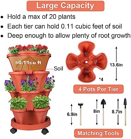 GameXcel Vertical Planter Tower - 4 Tier Stackable Garden Planters with Wheels and Tools Plant Pots for Strawberry Herb Flower and Vegetable Indoor Outdoor Use Red 2 Pack