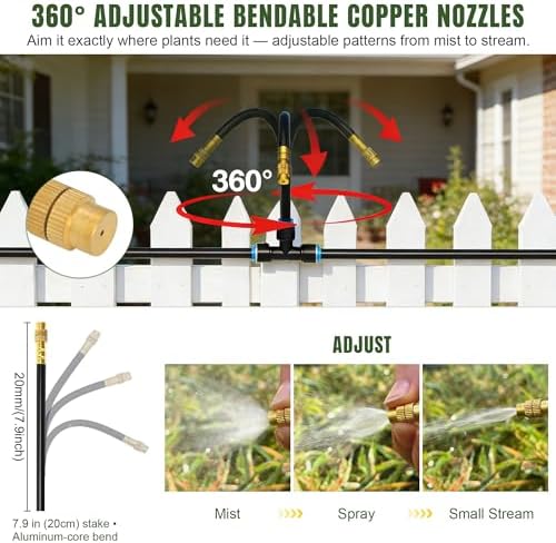 100FT Drip Irrigation System Kit Dual-Zone Garden Atomizing Watering System with 30 Copper 360° Adjustable Bendable Nozzles,Y-Splitter, Leak-Proof 1/4" Misting System for Garden Greenhouse Raised Beds