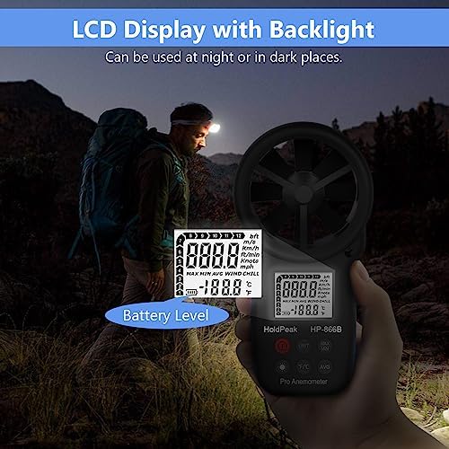 HoldPeak Handheld Anemometer Bluetooth, Digital Wind Speed Gauge Meter, Air Flow Velocity Temperature CFM Measuring Device for HVAC Outdoor Sailing Shooting Golf, 866B-APP