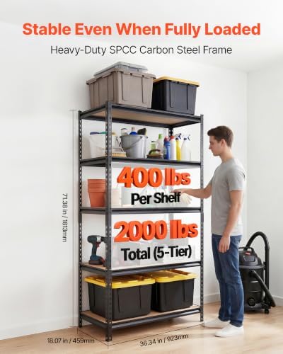 VEVOR Storage Shelves, 5-Tier Adjustable, 2000 lbs Capacity, Heavy Duty Garage Storage Shelving Unit, Metal Utility Rack Shelf, for Garage Warehouse Basement Kitchen, 36.34" W x 18.07" D x 71.38" H