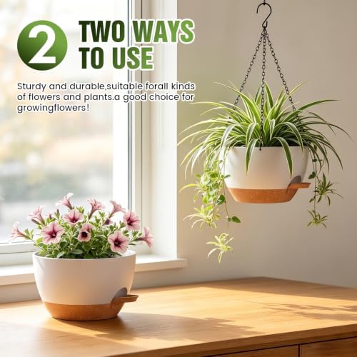 8 Inch Self Watering Hanging Planters Set of 3 with Saucers
