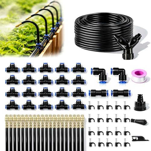 5/16" Drip Irrigation System 100 ft for with 20-Pcs 360° Adjustable Copper Nozzles for Garden, Automatic Misting Watering Sprinkler System Raised Beds, Greenhouse (100ft+20 nozzles)