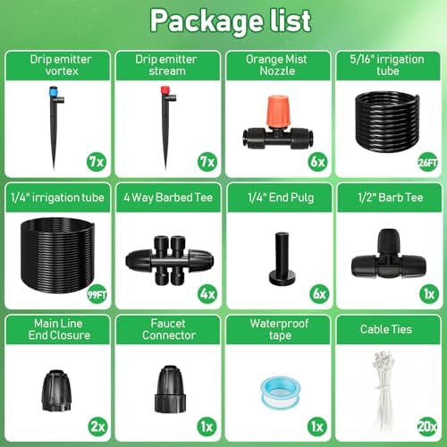 125FT Drip Irrigation System, Automatic Drip Irrigation Kit with 5/16" Main Tube & 1/4" Branch Tubing, Adjustable Drip Emitters, Garden Watering System for Flower Bed, Raised Beds, Lawn, Greenhouses