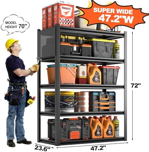 Metal Garage Shelving Unit, Heavy Duty Adjustable Industrial Storage Shelves, Steel Storage Rack for Garage, Warehouse, Basement, Black, 72" H x 47.2" W x 23.6" D, 3 Pack