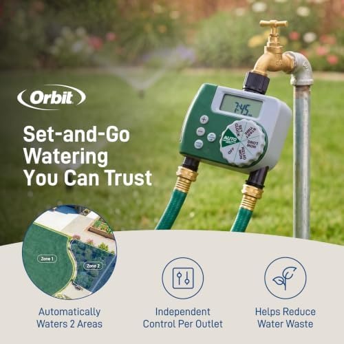 Orbit Programmable Digital Hose Watering Timer - 2 Outlet - Battery Powered - with LCD Screen - Built-in Rain Delay - Water-Resistant - 58910