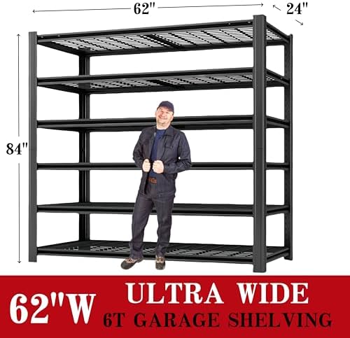 6-Tier Heavy Duty Garage Shelving, 6,000 lbs Capacity Adjustable Metal Storage Shelving Unit for Garage, Basement, Warehouse & Workshop, 62" W x 24" D x 84" H