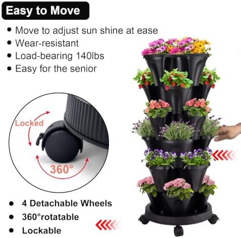 GameXcel Vertical Planter Tower - 6 Tier Stackable Garden Planters with Wheels and Garden Tool Set Plant Pots for Strawberry Herb Flower and Vegetable Indoor Outdoor Use Black