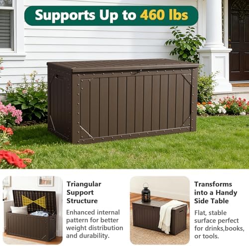 Outdoor Storage Box, 98 Gallon Deck Box, Outdoor Storage Bench, Waterproof Resin Storage Bench with Lockable Lid, Patio Furniture Cushions & Garden Tools Storage, UV Resistant (Brown)
