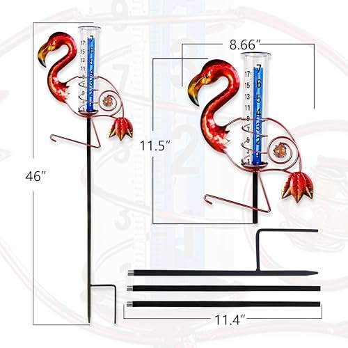 JOYBEE Flamingo Rain Gauge Garden Decor, Accurate Rain Gauges Outdoors，Rain Gauge for Yard with Stake, Decorative Rain Measure Gauge for Garden, Deck, Lawn with Large Numbers.