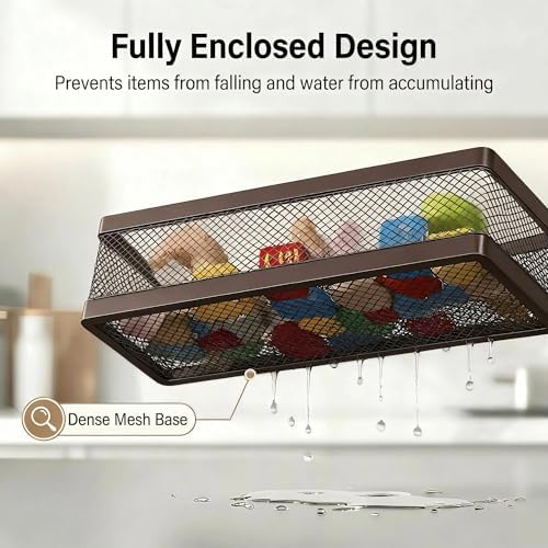 PUSDON 5-in-1 16.5" Extra Long Slim Wall Mount Wrapped Mesh Kitchen Organizer & Shower Caddy Kit, with Paper Towel Holder, Utensil Holder, Soap Dish, Holds 50LBS - Vintage Bronze, Netting
