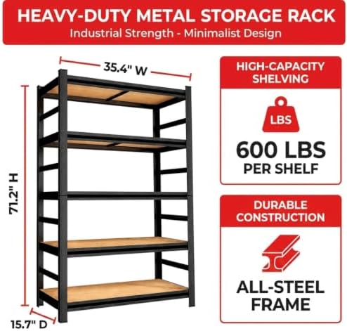 Garage Shelving, 3000 LBS Heavy Duty Metal Storage Shelves with Anti-Fall Rails, 5-Tier Adjustable Wooden Storage Rack for Garage, Warehouse, Basement, 35.4" W x 15.7" D x 72" H