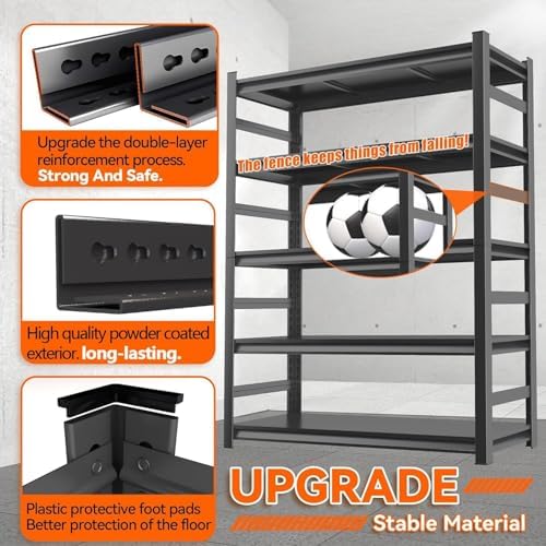 72"H Metal Garage Shelving Unit, Heavy Duty 5-Tier Adjustable Storage shelves, Steel Shelving, 3000 LBS Capacity, Industrial Shelves for Heavy Tools and Equipment, Ideal for Garage, Basement, Black